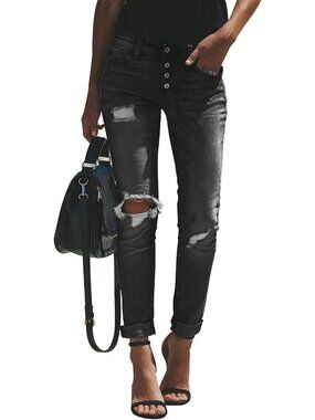 Women's Black Ripped Mid Waisted Boyfriend Jeans Loose Fit Distressed Stretchy